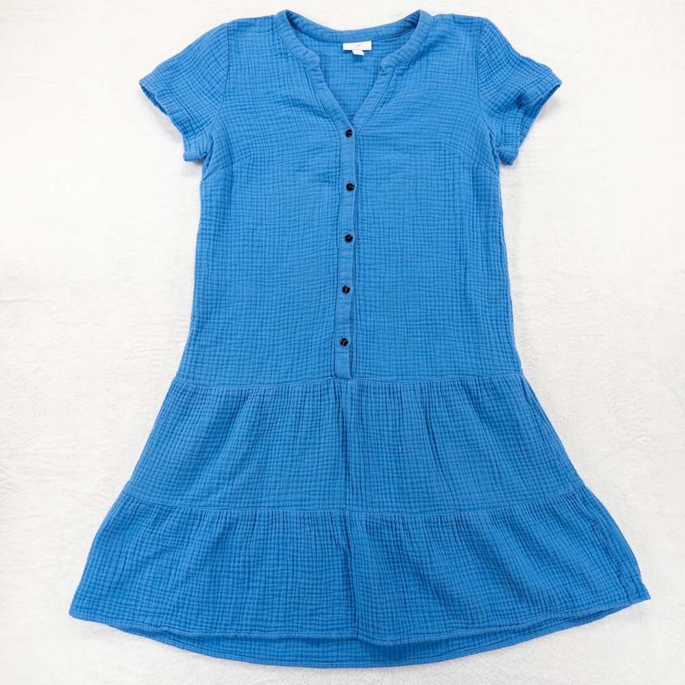 J. Jill Womens Dress S Blue Cotton Double Gauze Tiered Short Sleeve Split Neck